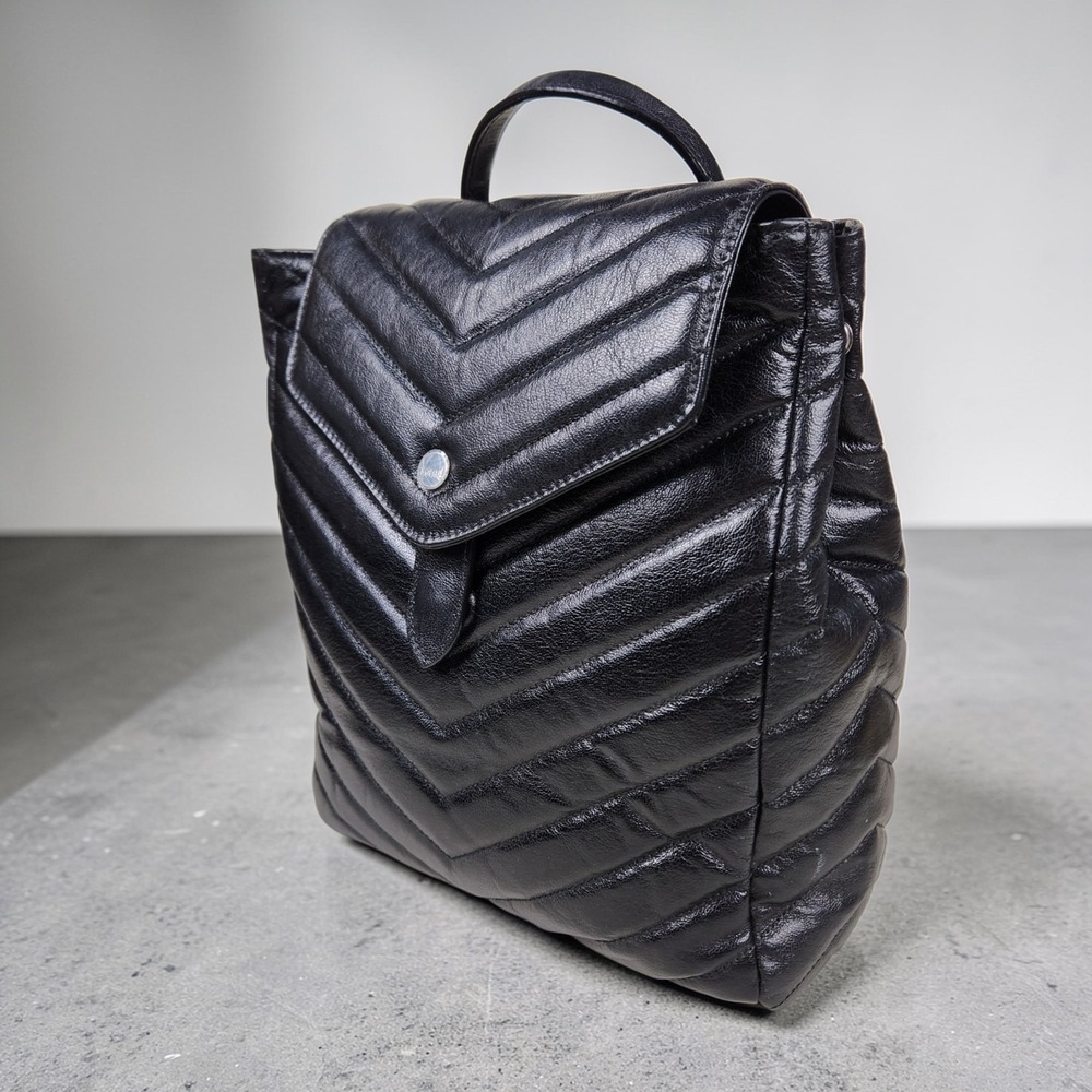 Lodis Leather Backpack Black Quilted RFID Expandable Snap Mini Bag